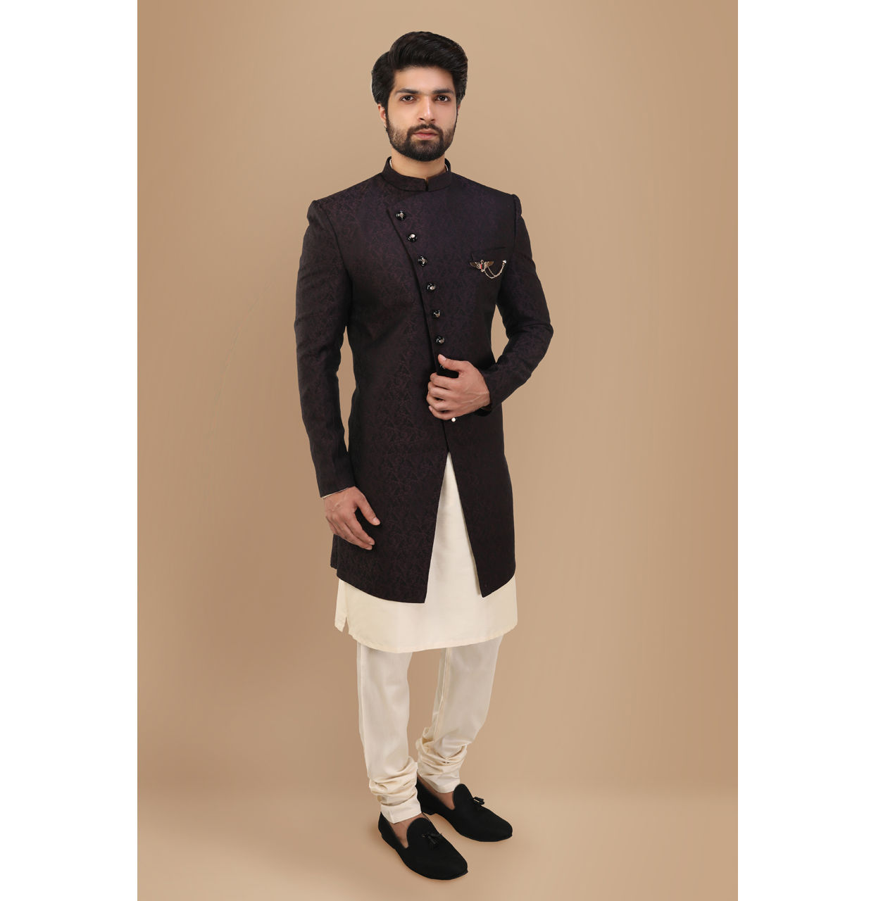 alt message - Manyavar Men Form-Fitting Wine Indo Western Set image number 1